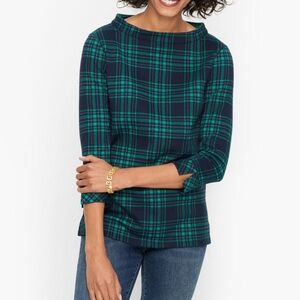 Talbots Green & Blue Plaid Funnel Neck Top Size Medium